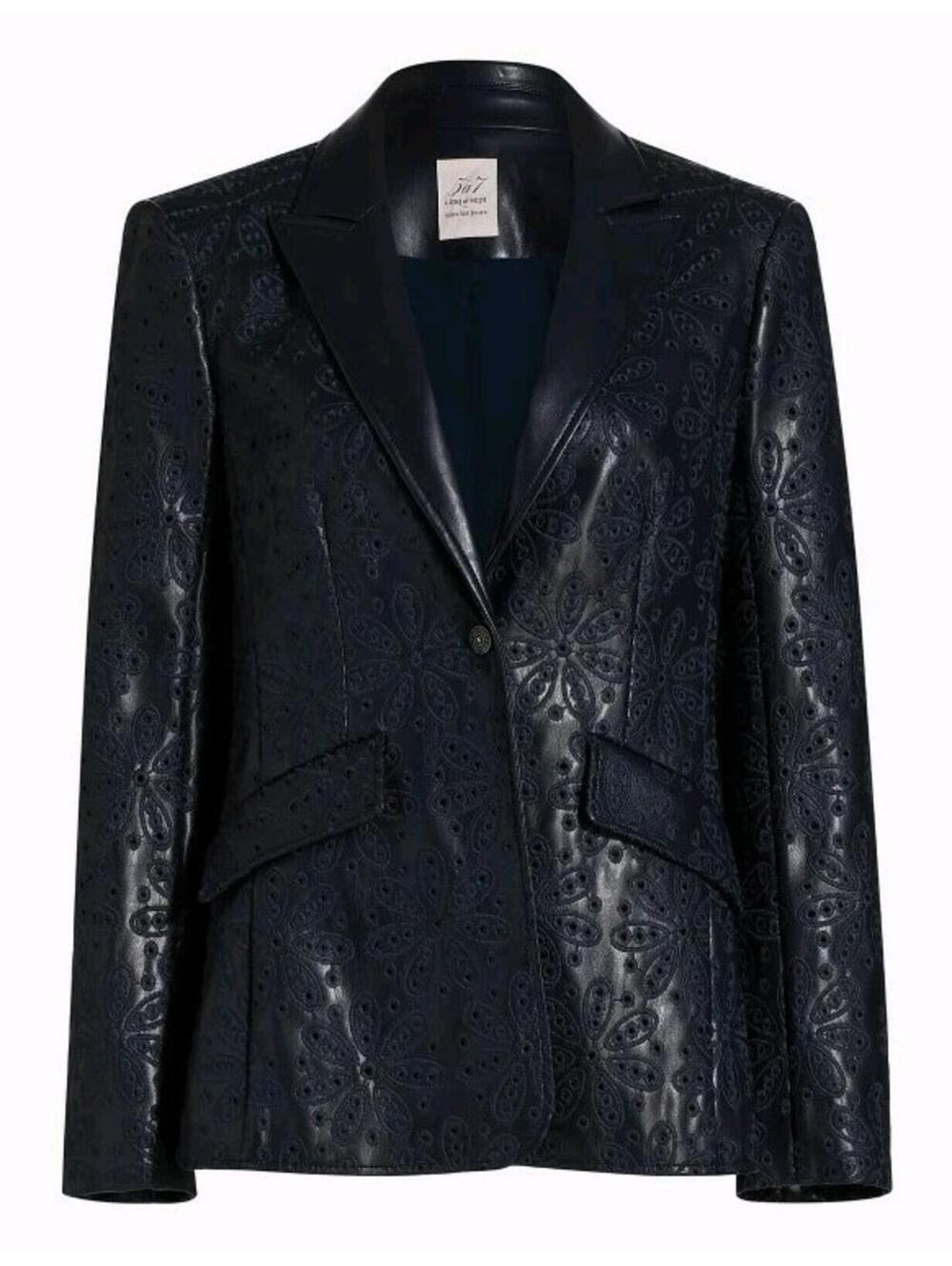 CINQ À SEPT Cheyenne Embroidered Eyelet Size 4 Faux Leather Blazer Navy NWT #W3 - Picture 5 of 13